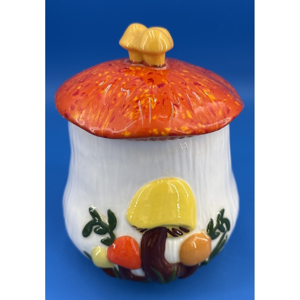 Vintage Arnels Mushroom Canister‎ Small 7" Cookie Tea Jar Orange Speckled 1970's